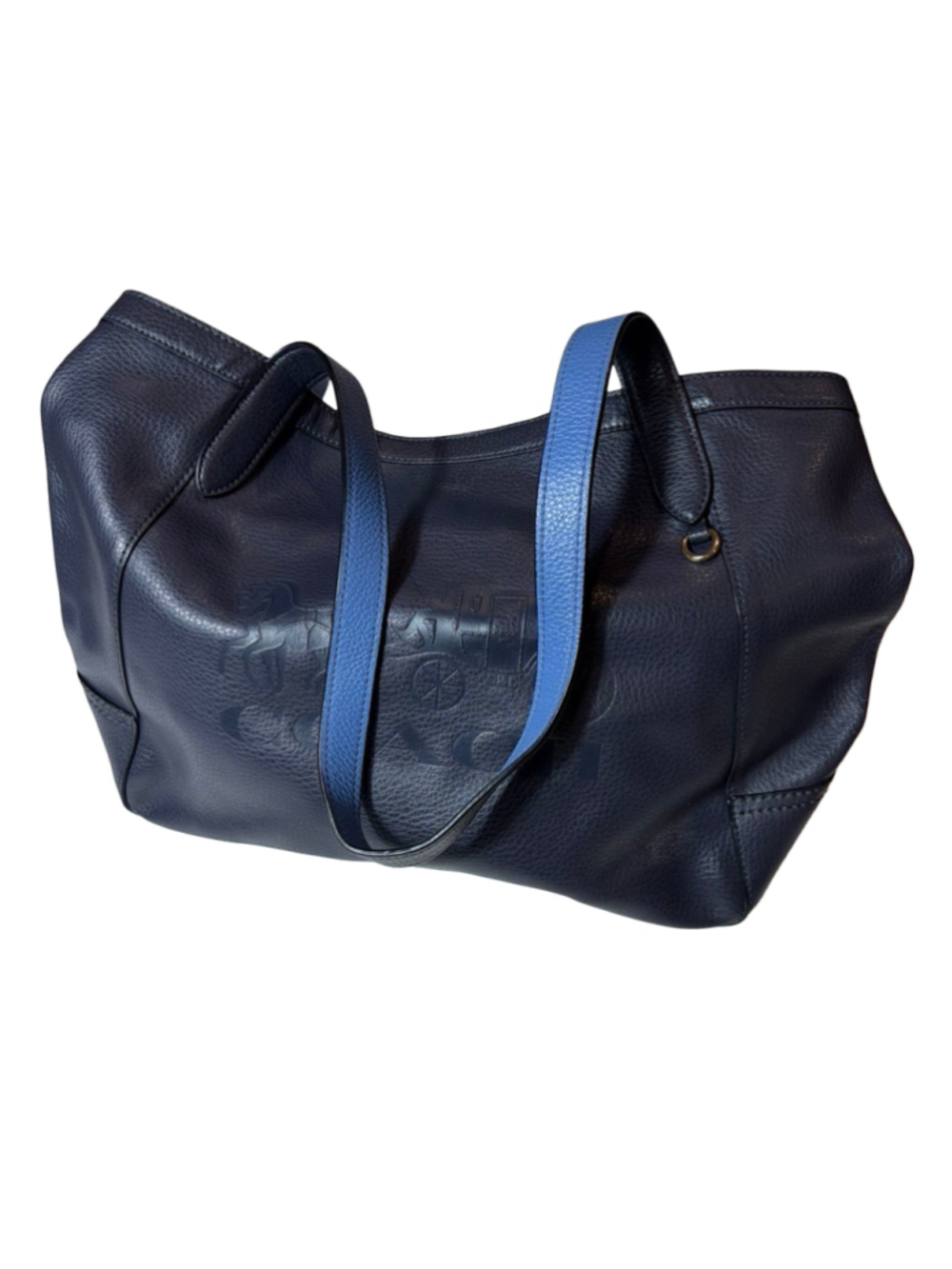 Coach Navy Pebbled Leather Horse and Carriage Logo Large Shoulder Tote Bag
